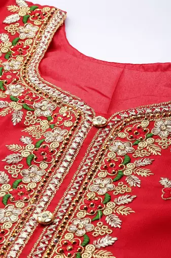 red & gold-toned embroidered unstitched dress material