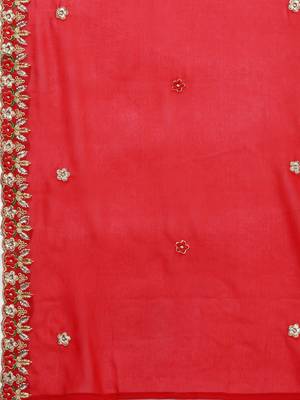 red & gold-toned embroidered unstitched dress material 4