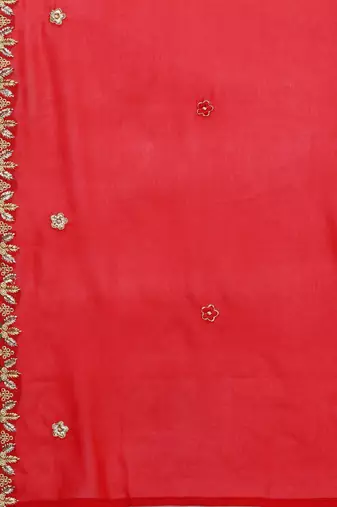 red & gold-toned embroidered unstitched dress material