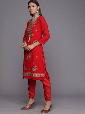 red & gold-toned embroidered unstitched dress material 5