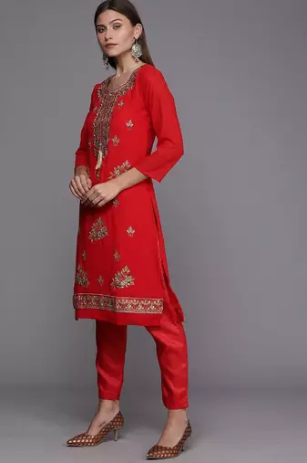 red & gold-toned embroidered unstitched dress material