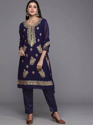 navy blue & gold-toned embroidered unstitched dress material 1