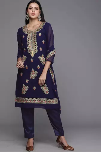 navy blue & gold-toned embroidered unstitched dress material