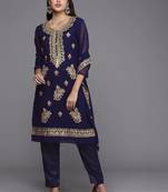 navy blue & gold-toned embroidered unstitched dress material