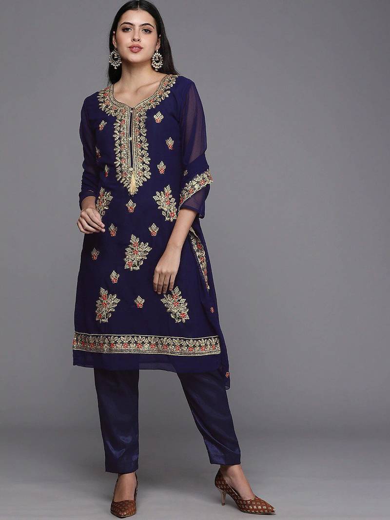 navy blue & gold-toned embroidered unstitched dress material