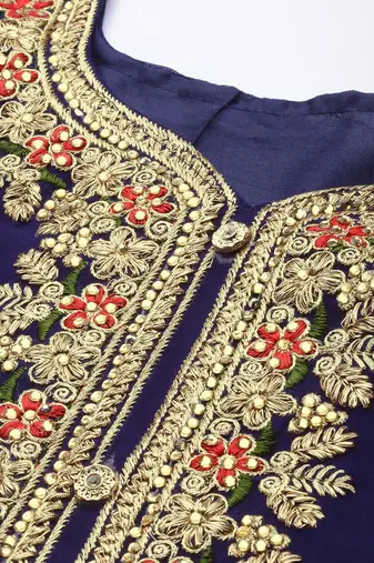 navy blue & gold-toned embroidered unstitched dress material