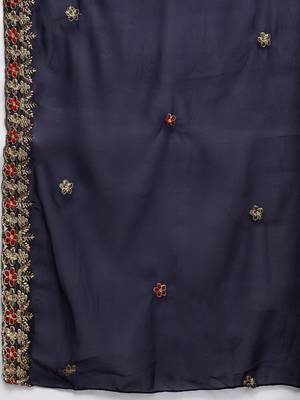 navy blue & gold-toned embroidered unstitched dress material 4