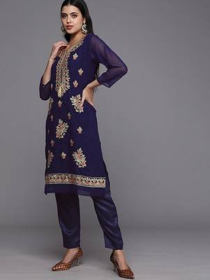 navy blue & gold-toned embroidered unstitched dress material 5