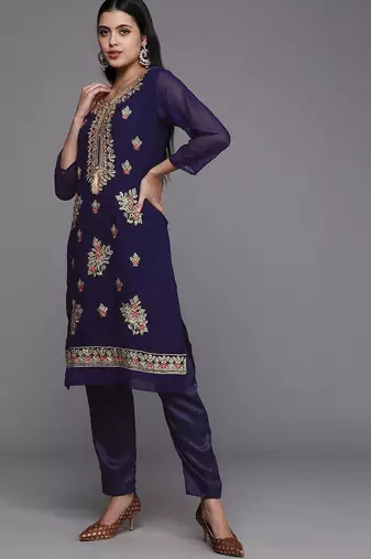 navy blue & gold-toned embroidered unstitched dress material