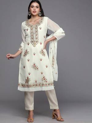 white & gold-toned embroidered unstitched dress material 1
