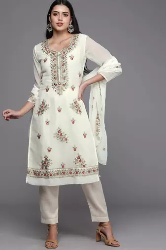 white & gold-toned embroidered unstitched dress material