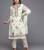 white & gold-toned embroidered unstitched dress material