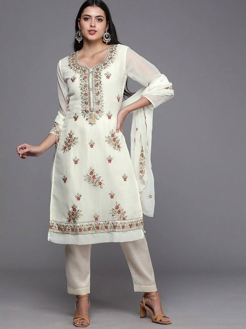 white & gold-toned embroidered unstitched dress material
