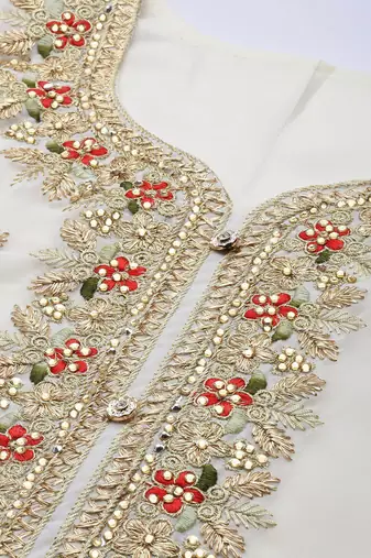 white & gold-toned embroidered unstitched dress material