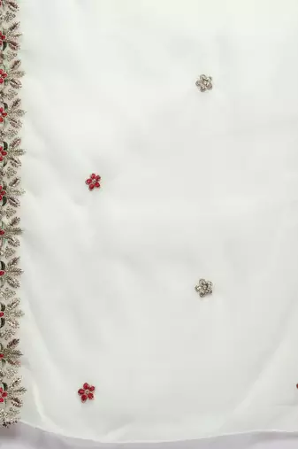 white & gold-toned embroidered unstitched dress material