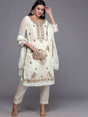 white & gold-toned embroidered unstitched dress material 5