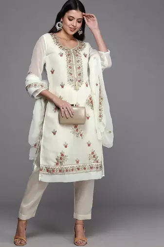 white & gold-toned embroidered unstitched dress material