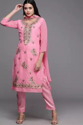 pink & red embroidered unstitched dress material