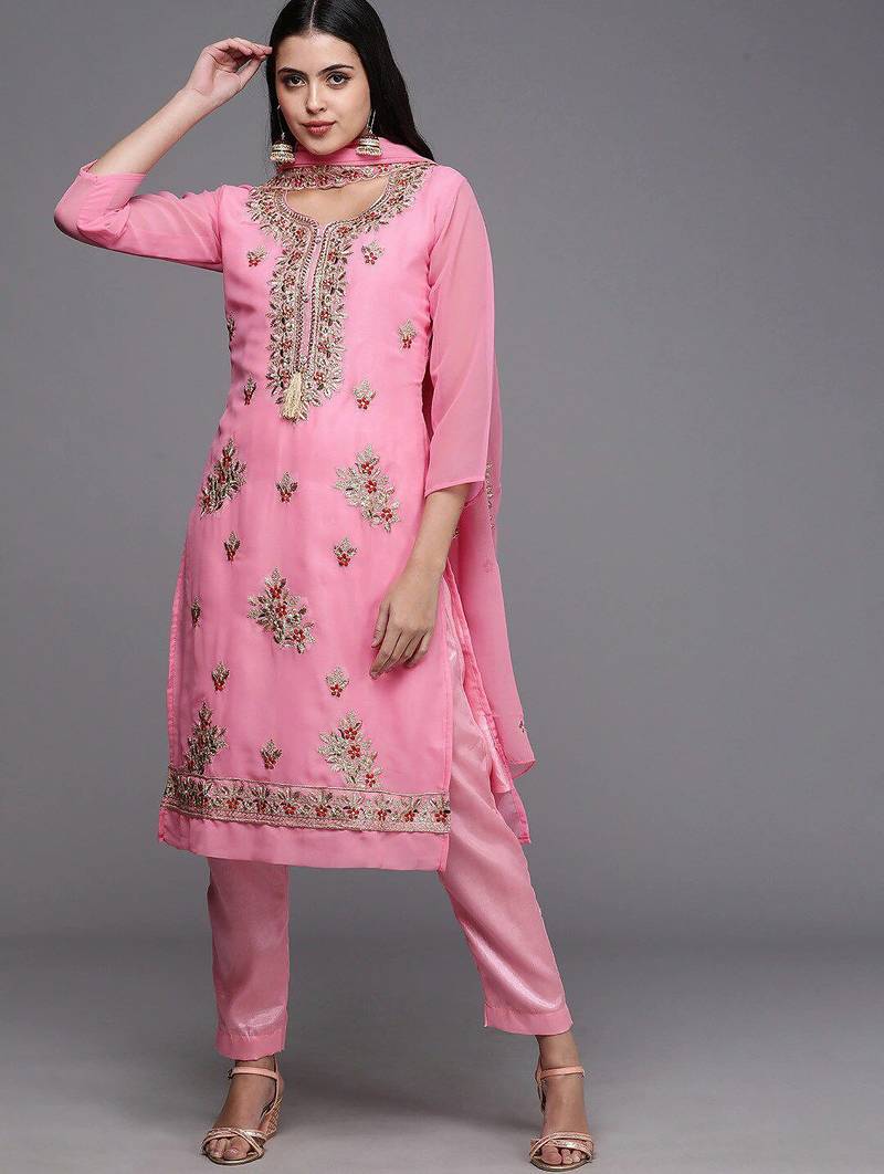 pink & red embroidered unstitched dress material