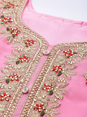 pink & red embroidered unstitched dress material 2