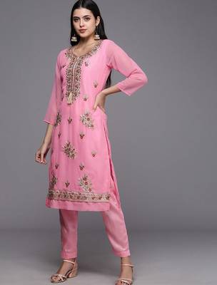pink & red embroidered unstitched dress material 5