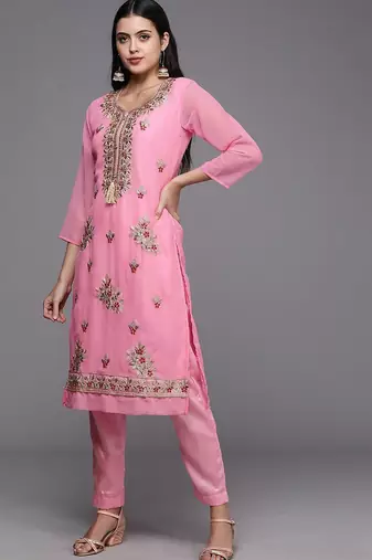 pink & red embroidered unstitched dress material