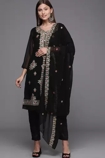 black & red embroidered unstitched dress material