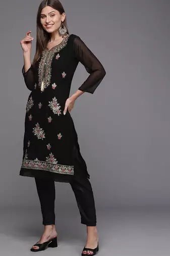 black & red embroidered unstitched dress material