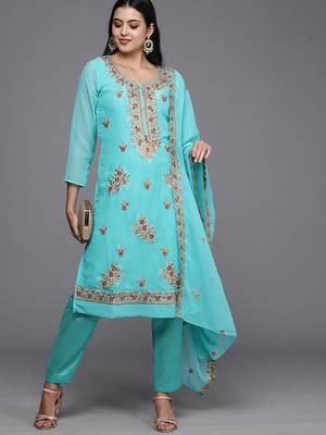 blue & red embroidered unstitched dress material 1