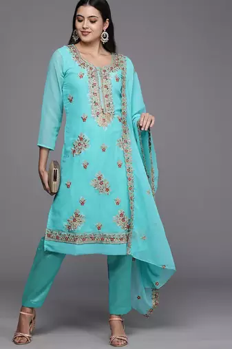 blue & red embroidered unstitched dress material