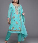 blue & red embroidered unstitched dress material