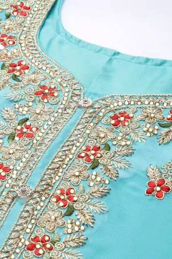 blue & red embroidered unstitched dress material