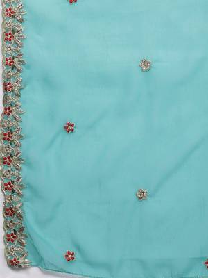 blue & red embroidered unstitched dress material 4