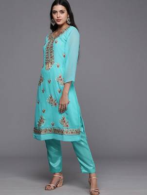 blue & red embroidered unstitched dress material 5