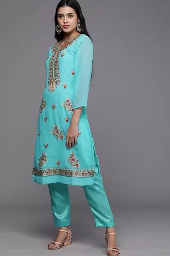 blue & red embroidered unstitched dress material