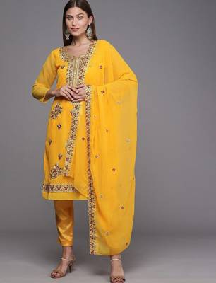 yellow & red embroidered unstitched dress material 1