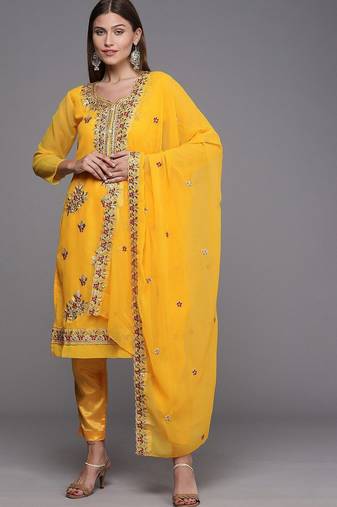 yellow & red embroidered unstitched dress material