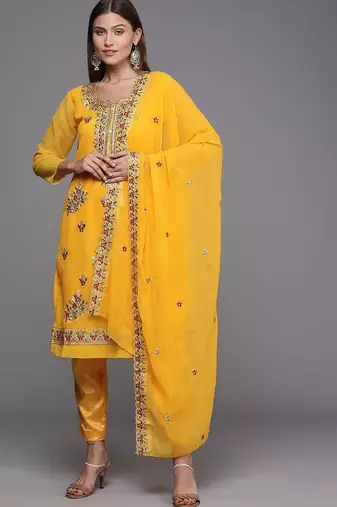 yellow & red embroidered unstitched dress material