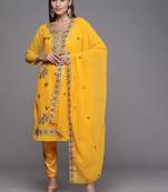 yellow & red embroidered unstitched dress material