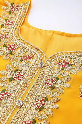 yellow & red embroidered unstitched dress material