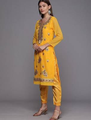 yellow & red embroidered unstitched dress material 5