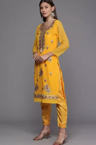 yellow & red embroidered unstitched dress material