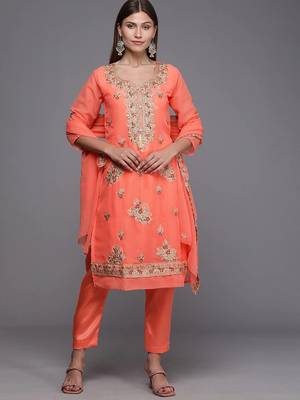 peach-coloured & gold-toned embroidered unstitched dress material 1