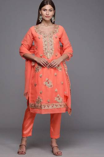 peach-coloured & gold-toned embroidered unstitched dress material