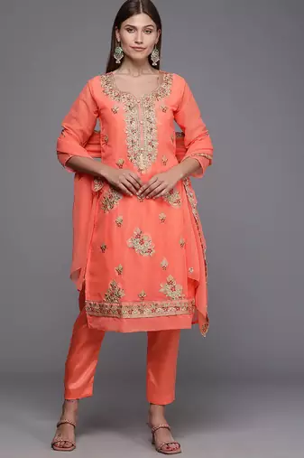 peach-coloured & gold-toned embroidered unstitched dress material