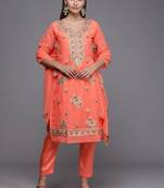 peach-coloured & gold-toned embroidered unstitched dress material