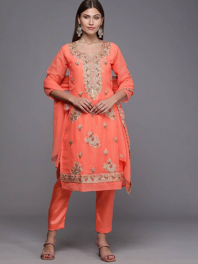 peach-coloured & gold-toned embroidered unstitched dress material