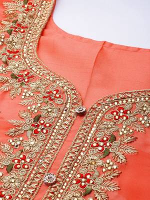 peach-coloured & gold-toned embroidered unstitched dress material 2