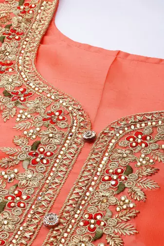 peach-coloured & gold-toned embroidered unstitched dress material