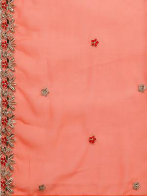 peach-coloured & gold-toned embroidered unstitched dress material 4